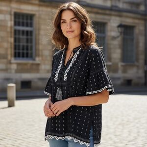 Rungolee Blue Embroidered Boho Blouse Top Tassel Ties Size Medium